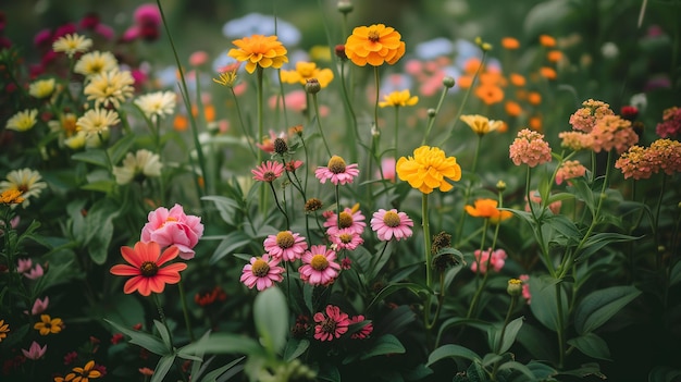 Vibrant garden array of multicolored flowers in bloom