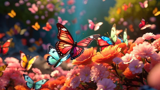 A vibrant garden filled with colorful butterflies and buzzing bees