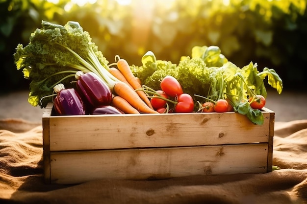 Vibrant Garden Harvest Ассорти из свежих овощей в деревянной коробке Генеративный AI