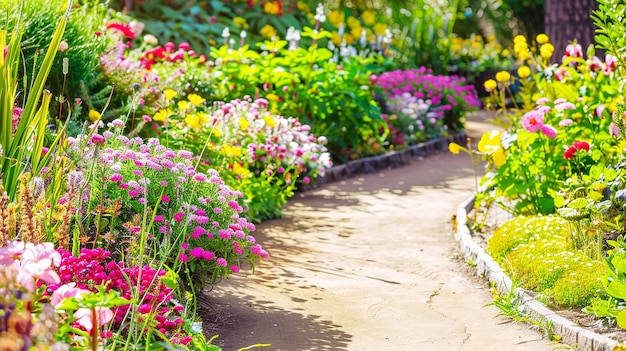 色とりどりの花がく活気のある庭の道