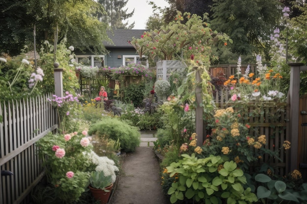 さまざまな花や葉を展示するトレリスやフェンスのある活気のある庭園
