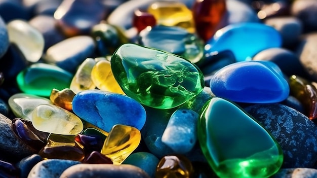 Яркие драгоценные камни на пляже Полированное текстурированное морское стекло Generative Ai