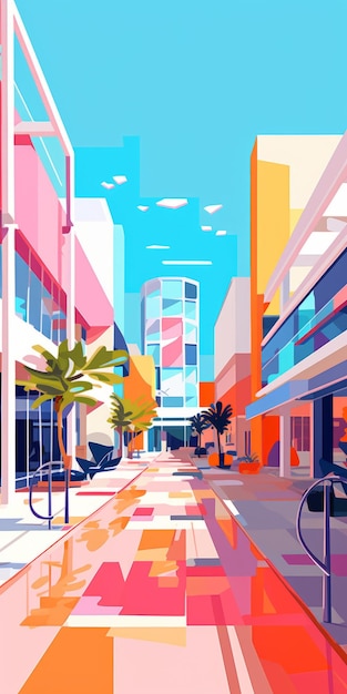 Vibrant Geometric City Illustration Enigmatic Tropics In Flat Perspective