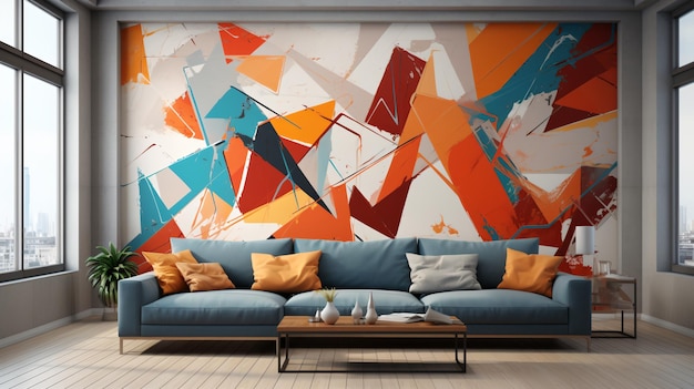 Vibrant geometric shapes painting in living room