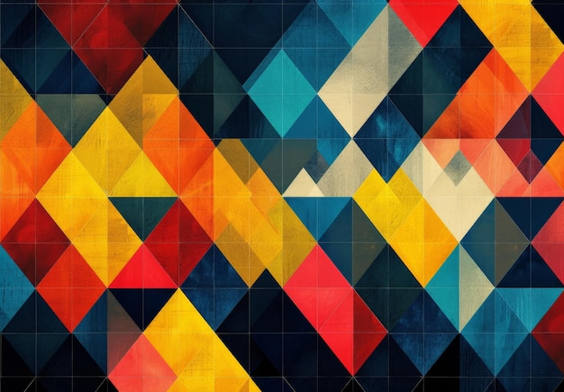 vibrant geometric triangle pattern with red orange yellow and blue shapes on black background