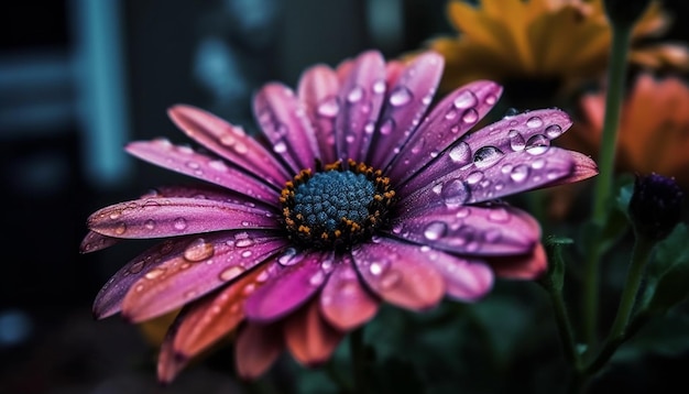 Photo vibrant gerbera daisy blossom wet with dew reflects beauty outdoors generated by ai