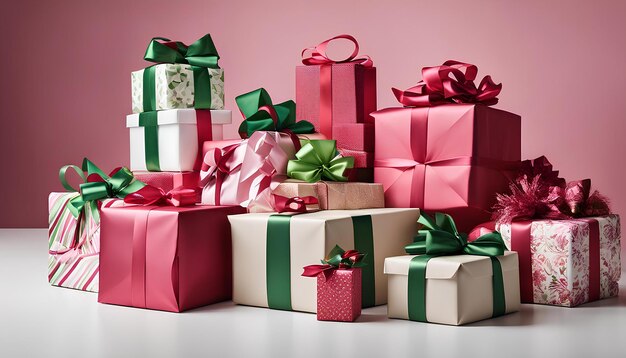 Vibrant gift wraps of red green pink and patterned paper are wrapped neatly