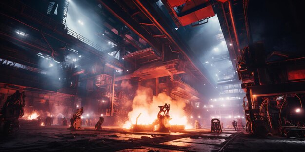 Vibrant Giraffes in a SteelFilled Factory Amidst Fiery Ambiance A Generative AI Masterpiece