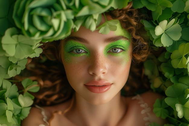 Photo vibrant girl amidst sea of clovers on st patricks day