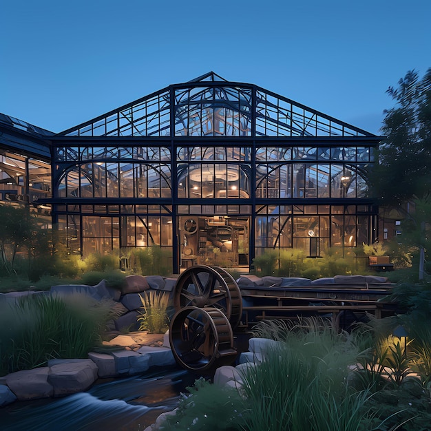 Vibrant Glass Greenhouse Exterior Night Scene