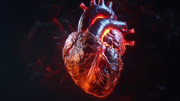 Vibrant glowing heart amidst a network of arteries depicted in a highdefinition 3D image with a mood