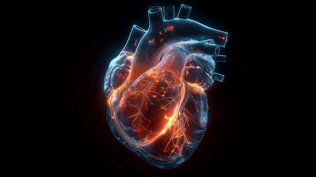 고해상도 3D 이미지로 묘사된 동맥 네트워크 가운데 활기차고 반이는 심장