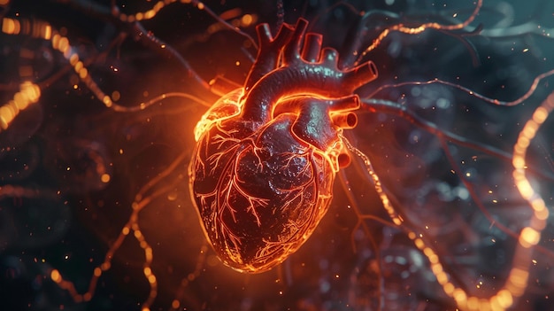 Vibrant glowing heart amidst a network of arteries depicted in a highdefinition 3D image with a mood