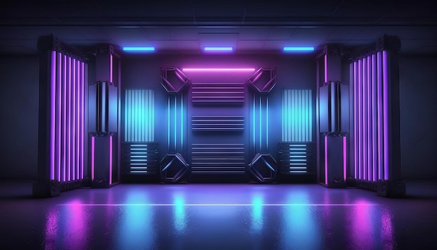 Vibrant Glowing purple and blue neon Laser on a Futuristic SciFi Stage Generative ai