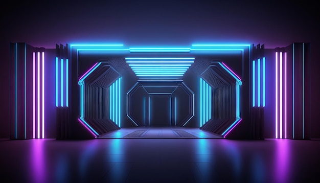 Vibrant Glowing purple and blue neon Laser on a Futuristic SciFi Stage Generative ai