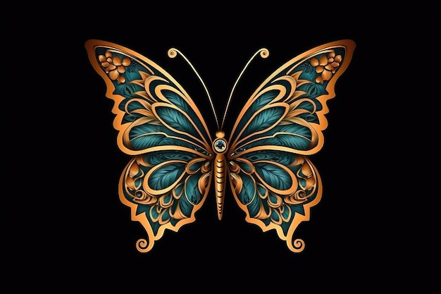 Vibrant gold and blue butterfly on a dark black background Generative AI