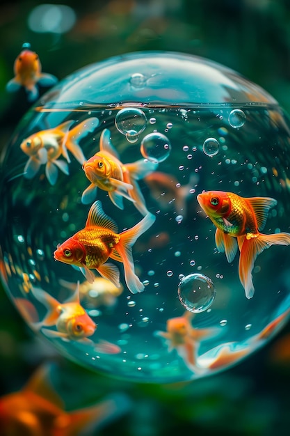 Foto pesci d'oro vivaci che nuotano all'interno di bolle d'acqua trasparenti su uno sfondo di teal