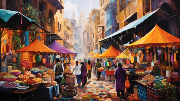 Photo vibrant gouache painting of a bustling market vendors and colorful stalls