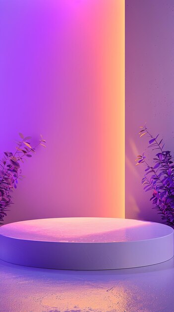 Vibrant gradient background with a central podium and decorative plants