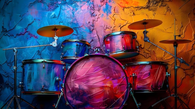 Photo vibrant graffiti art featuring jazz drums on textured wall background concept graffiti art jazz drums textured wall background vibrant colors urban art