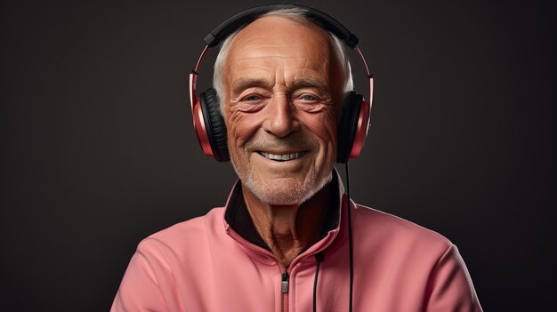 Vibrant grandfather in trendy pink sweater immersed in musical delight with headphones