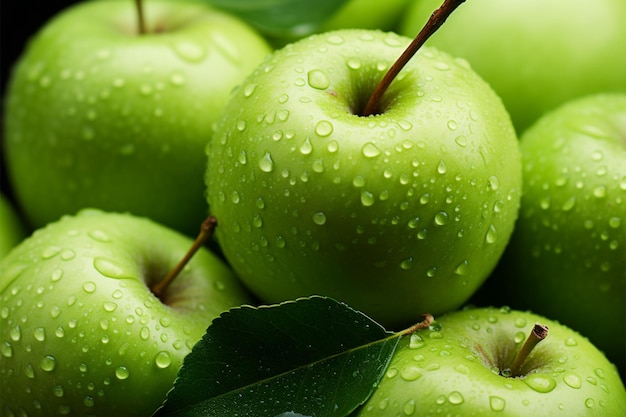 Vibrant green apple with morning dew drops a fresh tempting treat