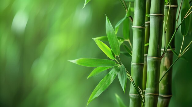 Vibrant green bamboo leaves and stalks with a softfocus background