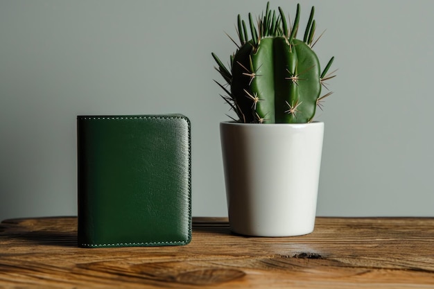 A vibrant green cactus plant and a sleek leather wallet resting on a wooden table The contrast of nature and finance creates an intriguing visual narrative