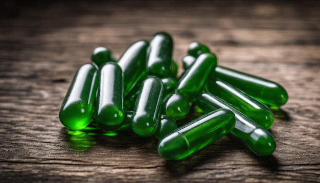 Vibrant green capsules on rustic surface