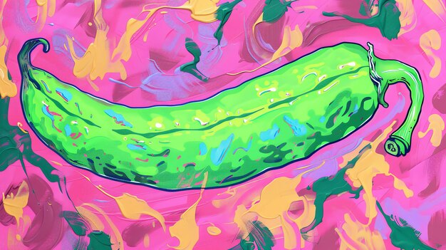 Photo vibrant green chili pepper painted in acrylics with a painterly pink and blue background