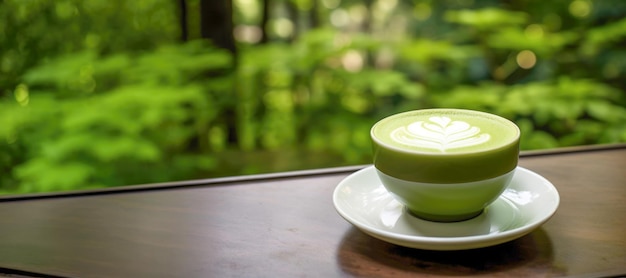 Ярко-зеленый стакан матча-латте, здоровый японский напиток, подаваемый на чистом деревянном столе для освежающего утра.