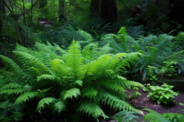 Vibrant green ferns growing at redwood base created with generative ai