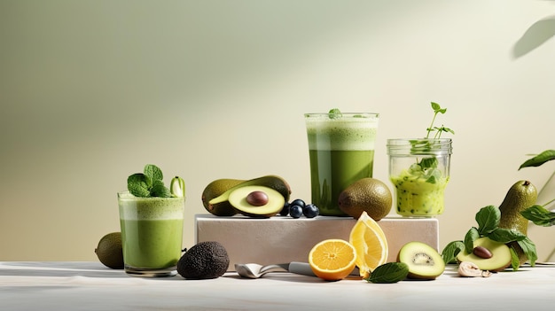 Photo vibrant green health smoothies surrounded by an arrangement of fresh cabbage leaves lime apple kiwi