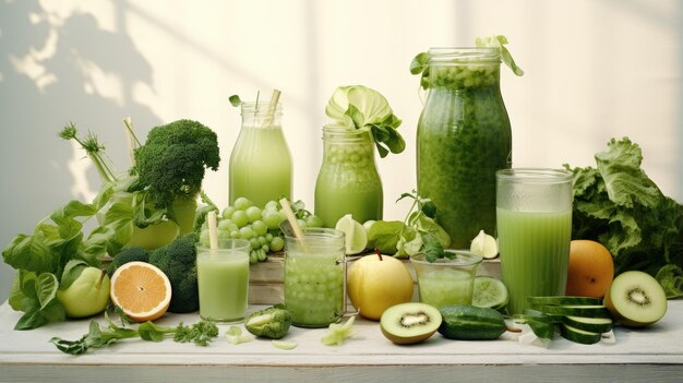 Photo vibrant green health smoothies surrounded by an arrangement of fresh cabbage leaves lime apple kiwi