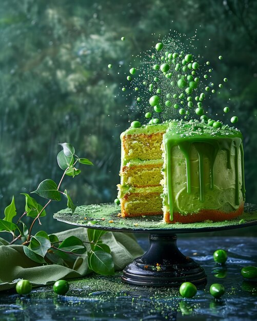 Photo vibrant green layered cake with sprinkles on elegant stand with natural backdrop