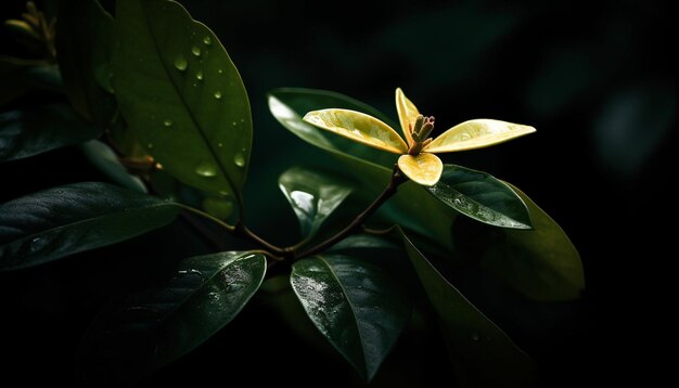 Vibrant green leaf drops dew on flower petal generated by artificial intelligence