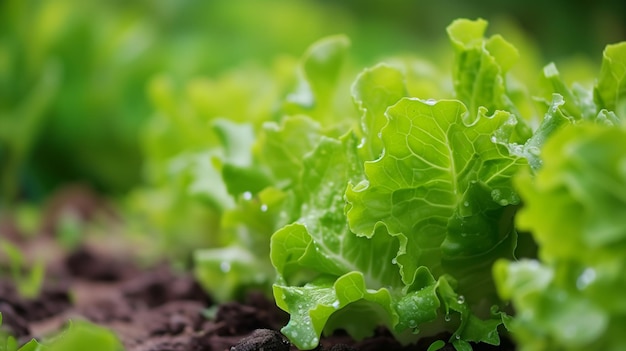 Vibrant green lettuce leaves with fresh dew drops on a blurred garden background ideal for healthy e