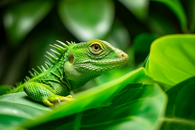 写真 鮮やかな緑の葉に座っている活気のある緑のトカゲ