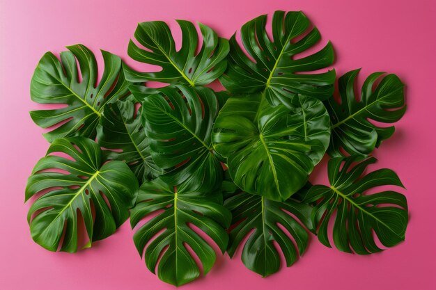 Foto foglie di monstera di colore verde vibrante disposte su uno sfondo rosa pastello composizione a strato piatto