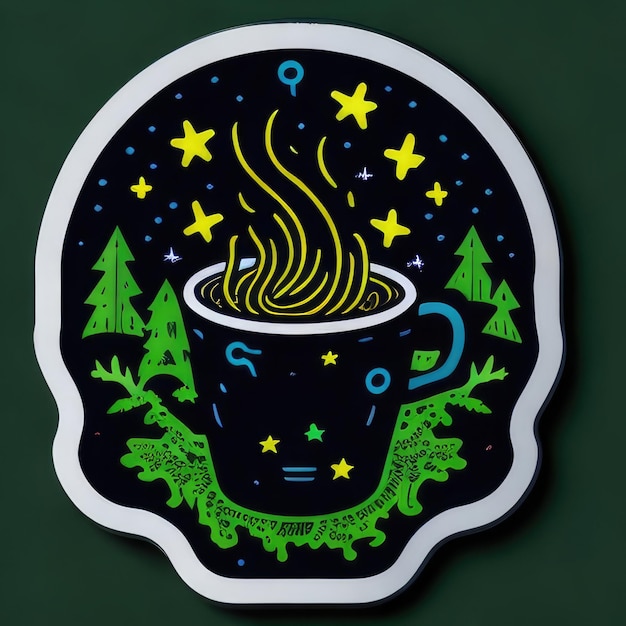 Vibrant green moss surrounds cosmic coffee cup sticker