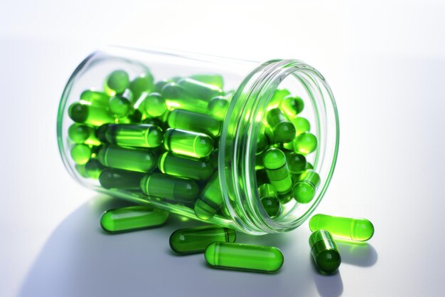 Photo vibrant green neon healthy pills on white background ai generated