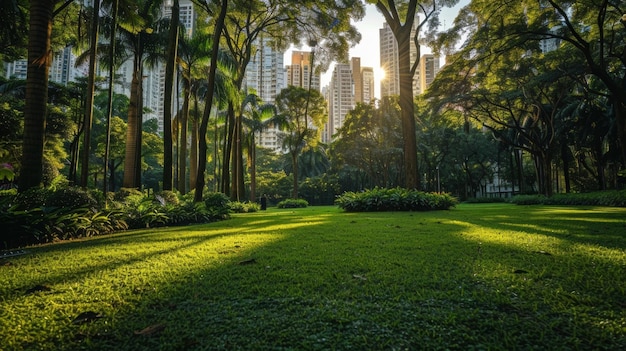A vibrant green park filled with tall trees and lush grass sits peacefully amidst the towering