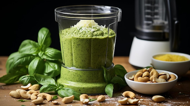 A vibrant green pesto sauce being blended in a food processor showcasing the creamy texture of basi