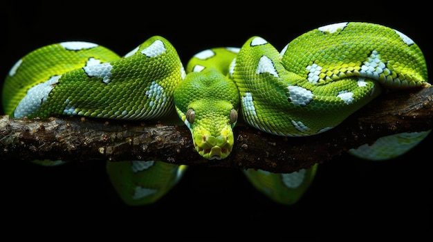 Vibrant Green Python Coiled on Tree Branch