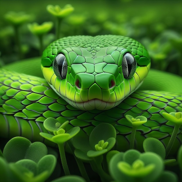 Яркозеленая змея среди пышного клевера, демонстрирующая свои подробные чешуи и интенсивный взгляд