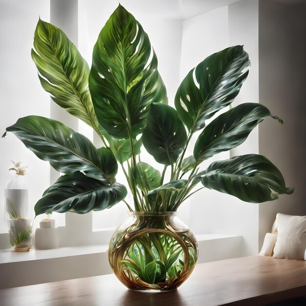 A vibrant green and tropical calathea leaf with intricate patterns and textures