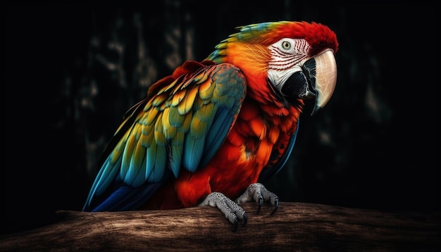 Vibrant green winged macaw perched in tropical rainforest generated by AI