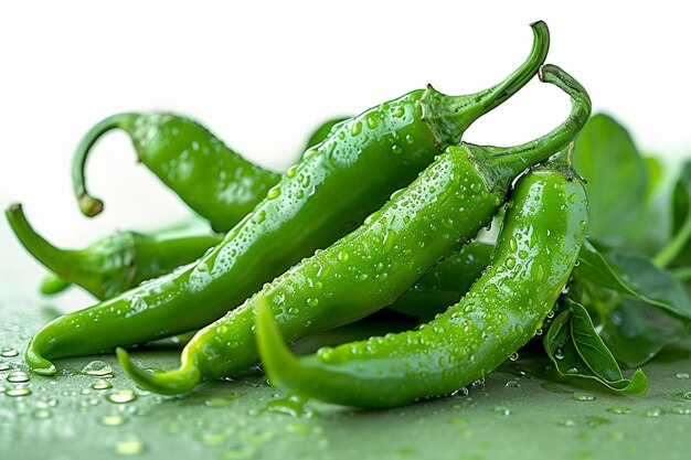 Vibrant greens Chili peppers pop against a vivid green background