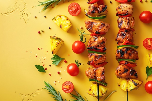 Foto spade di pollo alla griglia vivaci con ananas e pomodori su sfondo giallo