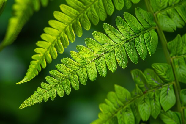 Vibrant groen varensblad close-up op natuurlijke achtergrond